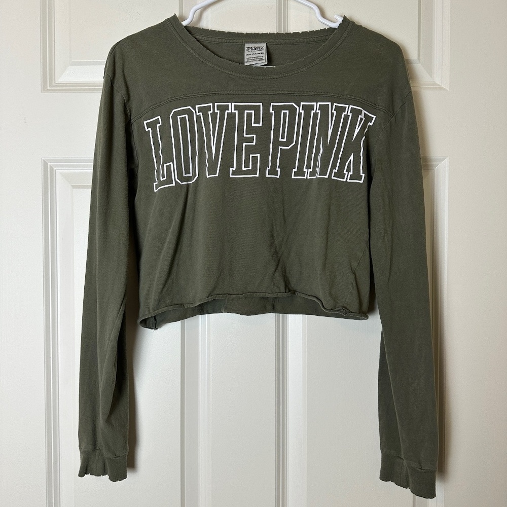 ! PINK Victoria's Secret Olive Green Long Sleeve Crop Top Women Size XS